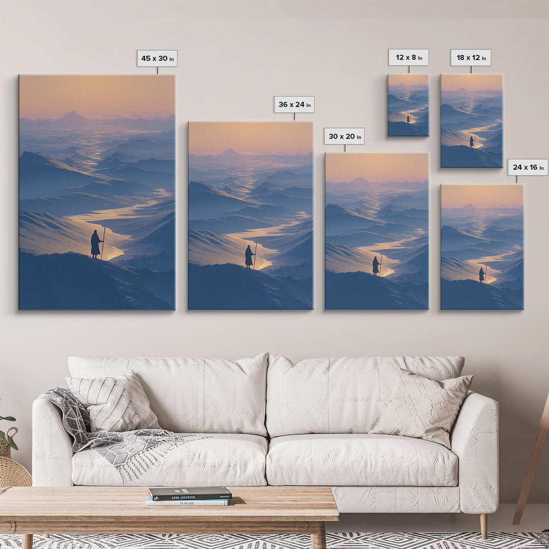 Serene Blue Mountain Landscape With Lone Traveler Canvas Print Tranquil Wall Art Framed Home Decor