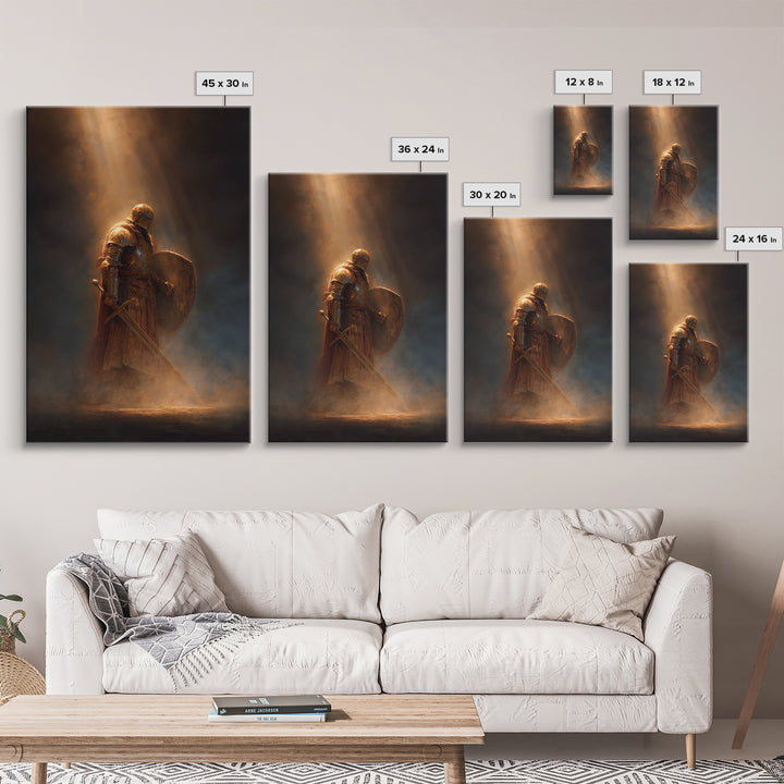 Knight With Sword And Shield Medieval Artwork Dark Fantasy Wall Art Decor Framed Canvas Print