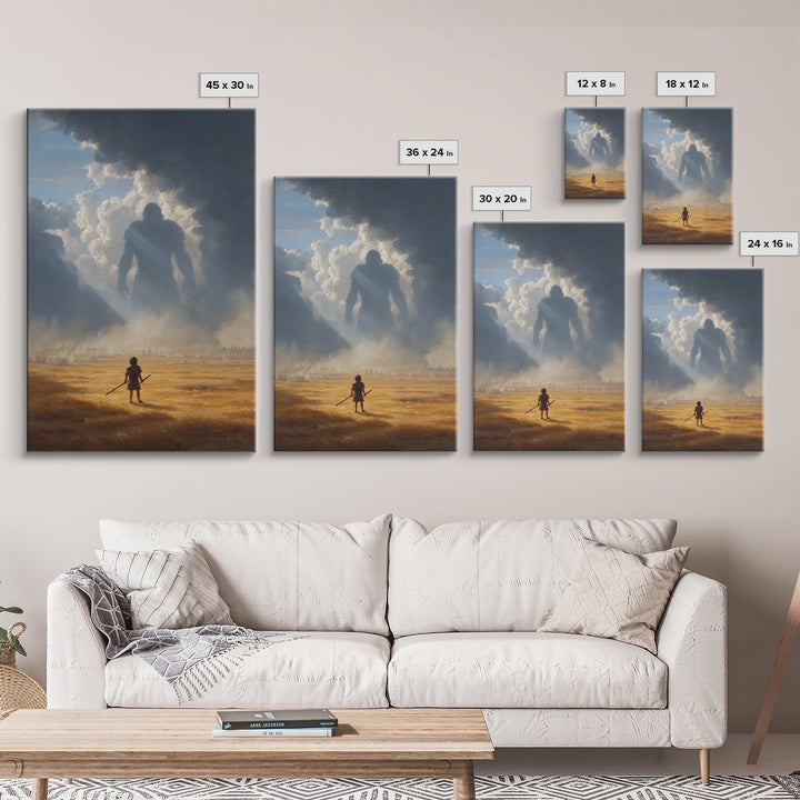 Epic Battle Scene With Warrior Facing Giant Shadow In Dramatic Landscape Wall Art Canvas Print