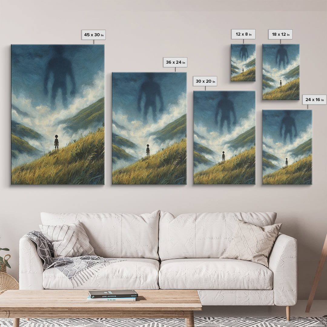 Misty Valley With Lone Boy Facing Giant Shadow Figure Atmospheric Surreal Art Wall Art Canvas Print