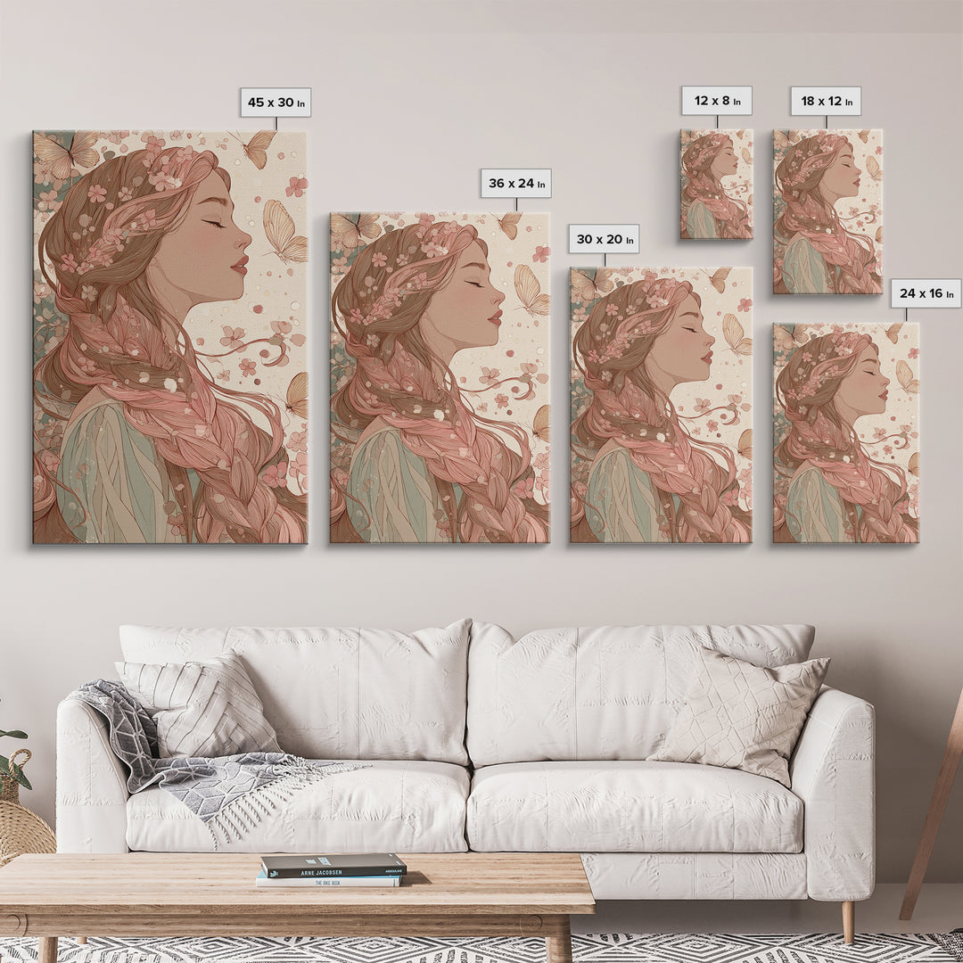 Art Nouveau Woman With Butterflies Framed Canvas Print, Feminine Wall Art, Floral Portrait, Romantic Bedroom Decor, Gift For Her