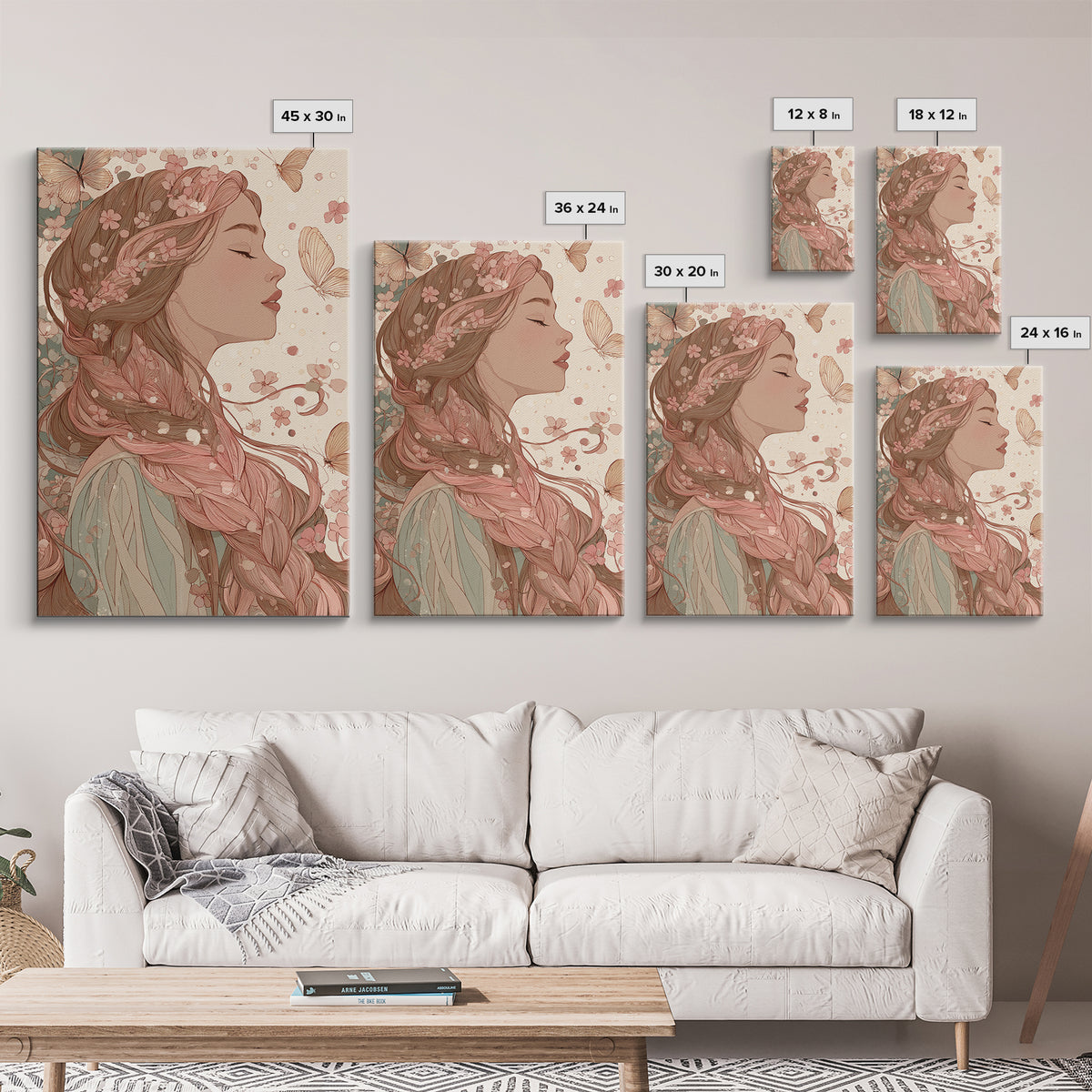 Art Nouveau Woman With Butterflies Framed Canvas Print, Feminine Wall Art, Floral Portrait, Romantic Bedroom Decor, Gift For Her
