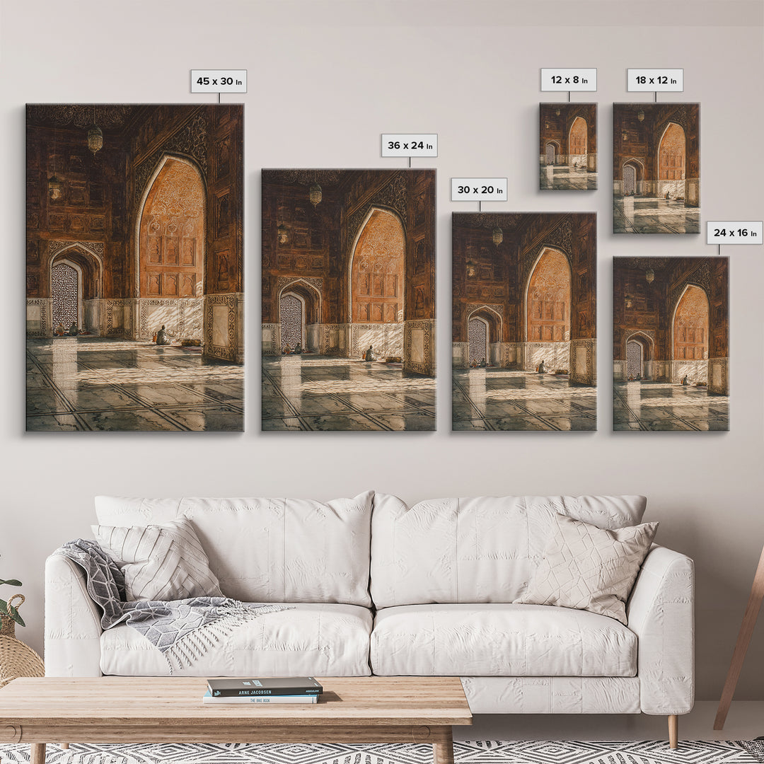 Sunlit Mosque Interior Painting With Intricate Archways Canvas Print Wall Art For Islamic Decor And Spiritual Ambiance