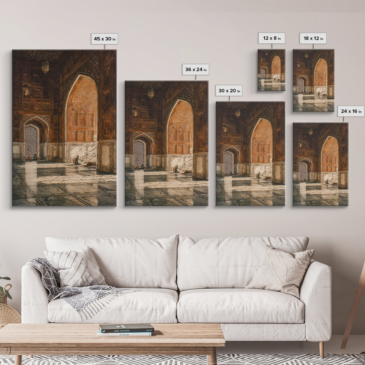Sunlit Mosque Interior Painting With Intricate Archways Canvas Print Wall Art For Islamic Decor And Spiritual Ambiance