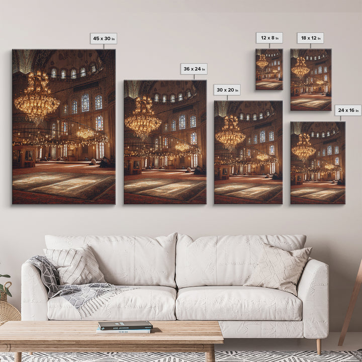 Beautiful Large Chandelier Lightning Historic Mosque Interior - Fine Art Wall Art Framed Canvas Print For Spiritual Spaces