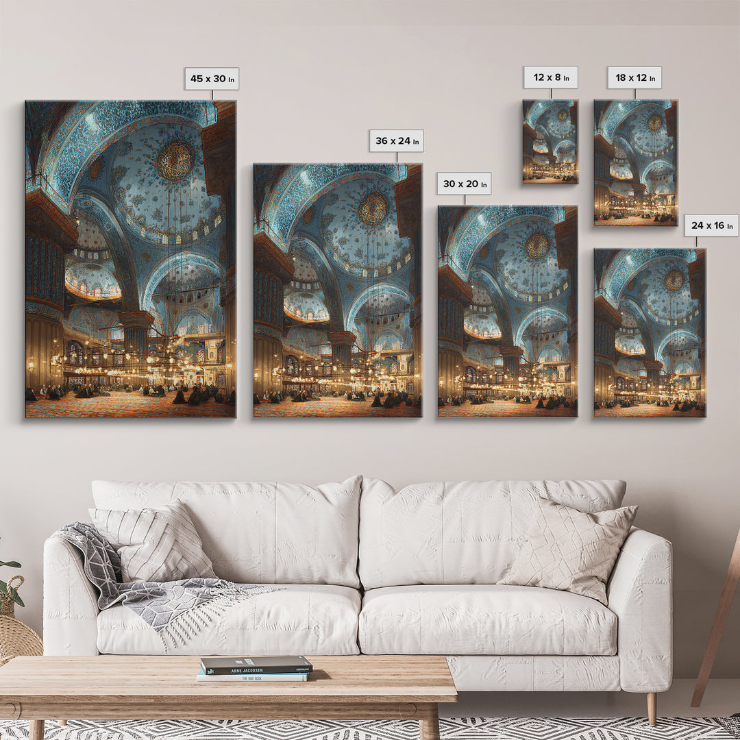 Intricate Islamic Blue Mosque Interior Wall Art Framed Canvas Print Religious Home Decor Spiritual Art Print