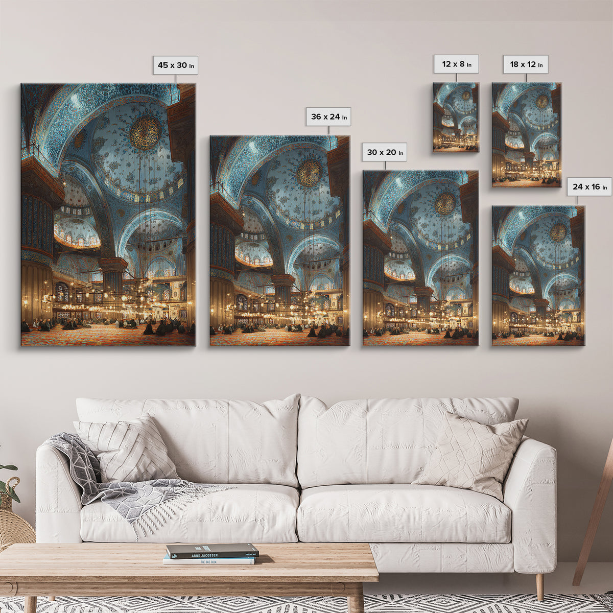 Intricate Islamic Blue Mosque Interior Wall Art Framed Canvas Print Religious Home Decor Spiritual Art Print