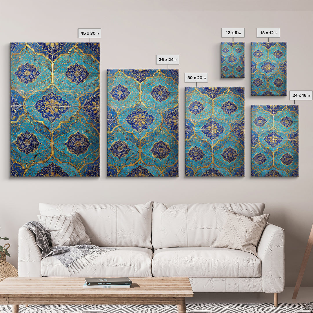 Intricate Blue And Gold Islamic Tile Pattern Wall Art Photography Print For Home Decor