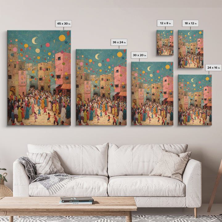 Colorful Festive Middle Eastern Street Scene With Moon And Lanterns Wall Art Framed Canvas Print