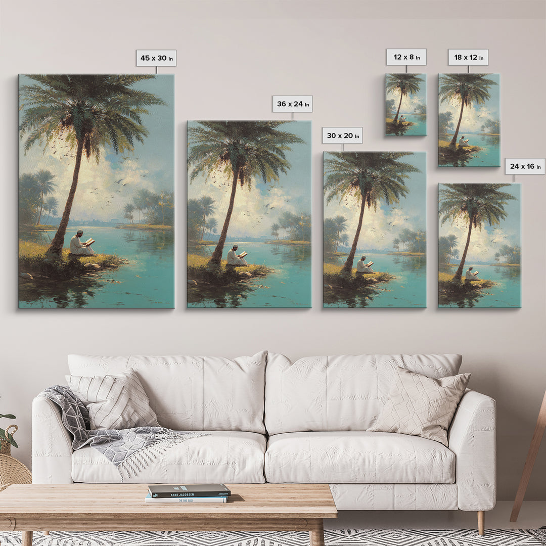 Serene Middle Eastern Landscape With Man Reading By Palm Tree Vintage Style Painting Wall Art Canvas Print