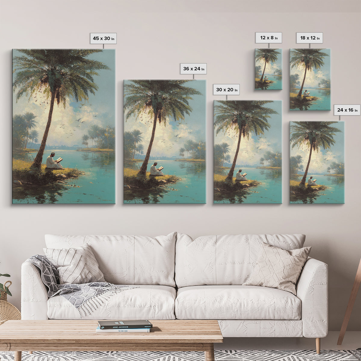 Serene Middle Eastern Landscape With Man Reading By Palm Tree Vintage Style Painting Wall Art Canvas Print
