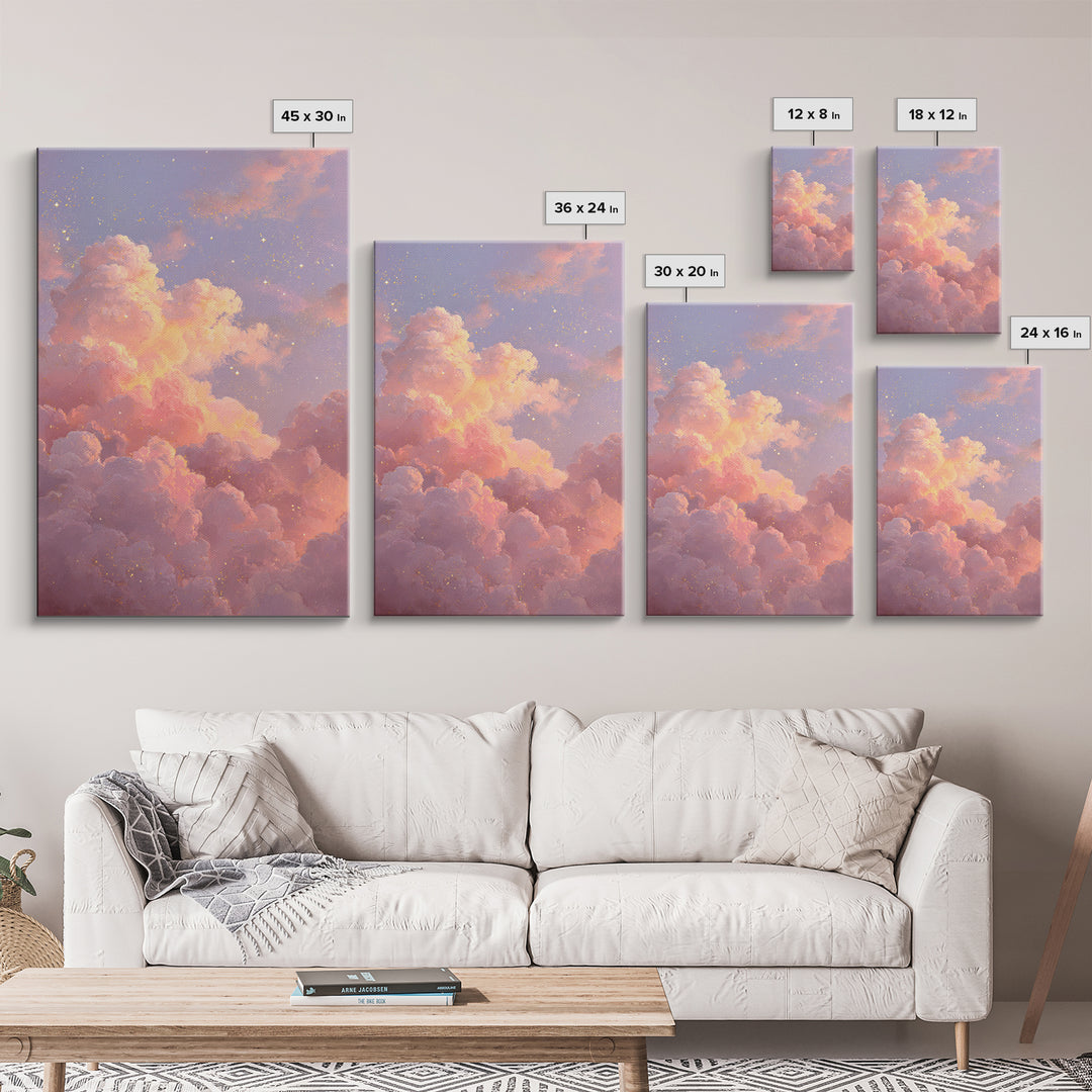 Dreamy Pink Clouds And Starry Sky Canvas Print, Celestial Wall Art, Pastel Nursery Decor, Whimsical Bedroom Art, Gift For Her