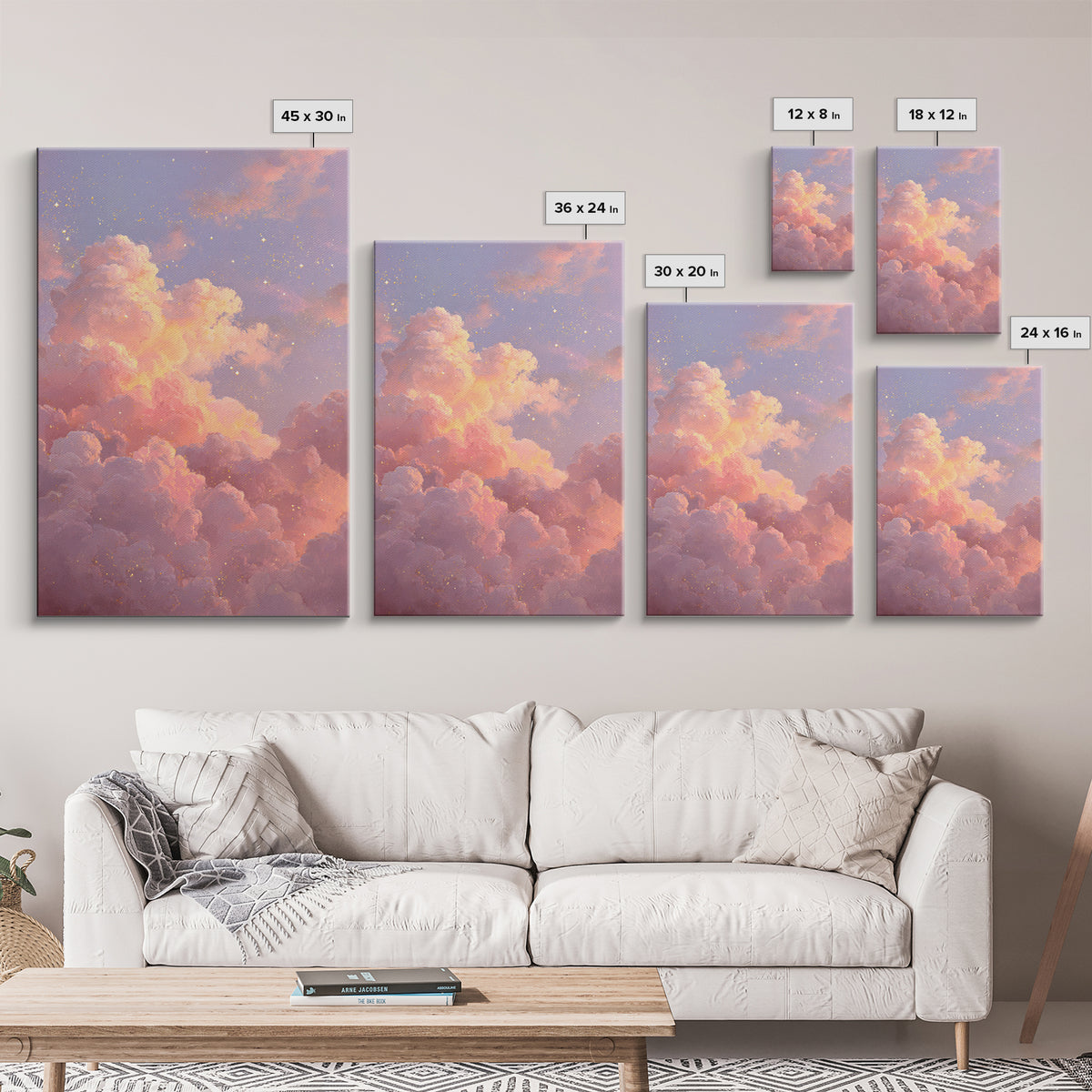 Dreamy Pink Clouds And Starry Sky Canvas Print, Celestial Wall Art, Pastel Nursery Decor, Whimsical Bedroom Art, Gift For Her
