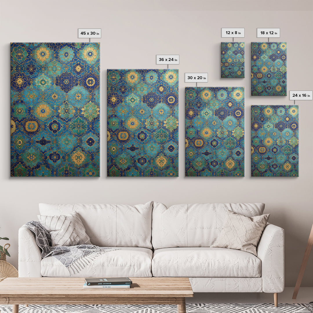 Blue And Gold Islamic Geometric Tile Art Elegant Framed Canvas Print For Traditional Home Decor Or Thoughtful Gift