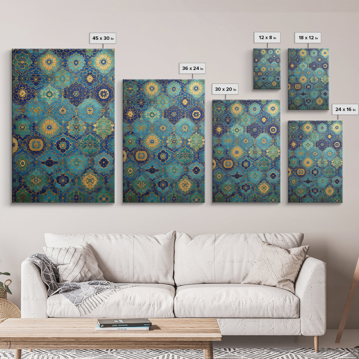 Blue And Gold Islamic Geometric Tile Art Elegant Framed Canvas Print For Traditional Home Decor Or Thoughtful Gift