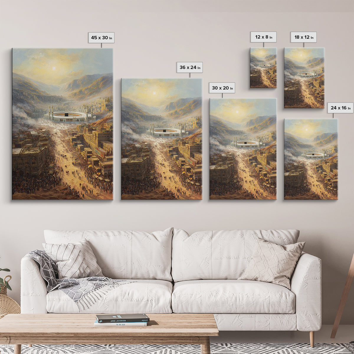 Sunrise Over Crowded Ancient Cityscape With Mountains And Kaaba - Wall Art Framed Canvas Print For Home Decor