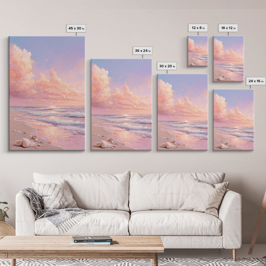 Pastel Ocean Sunrise With Seashells Canvas Print, Coastal Wall Art, Beach House Decor, Seascape Painting, Gift For Her, Home Decor