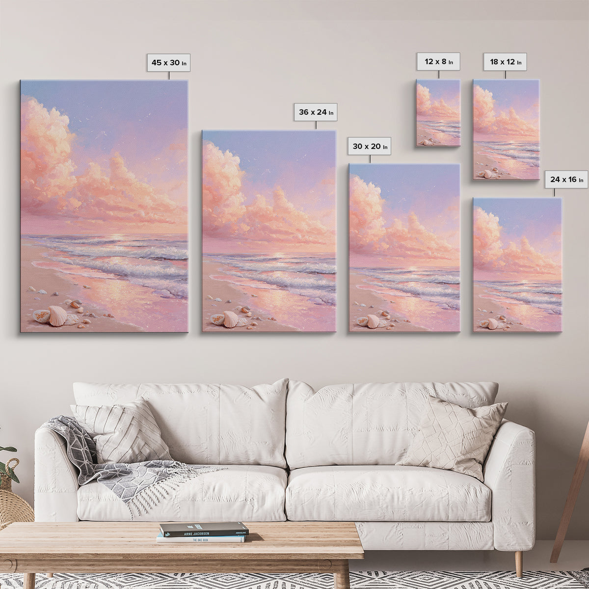 Pastel Ocean Sunrise With Seashells Canvas Print, Coastal Wall Art, Beach House Decor, Seascape Painting, Gift For Her, Home Decor