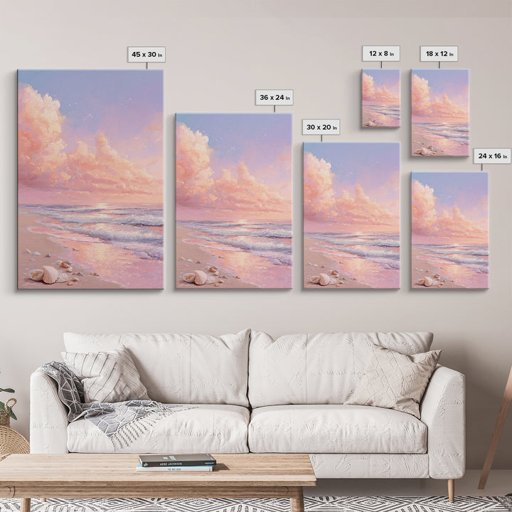 Pastel Ocean Sunrise With Seashells Canvas Print, Coastal Wall Art, Beach House Decor, Seascape Painting, Gift For Her, Home Decor