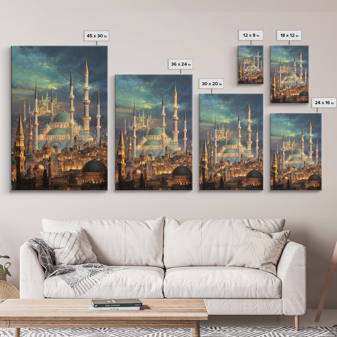 Elegant Cityscape Painting Of Historic Minarets And Domes With Glowing Lights At Dusk Wall Art Canvas Print