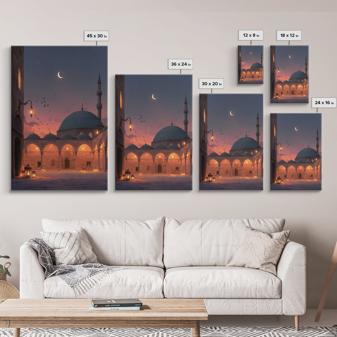 Magical Mosque Courtyard At Dusk With Lanterns And Crescent Moon Vibrant Islamic Wall Art Framed Canvas Print