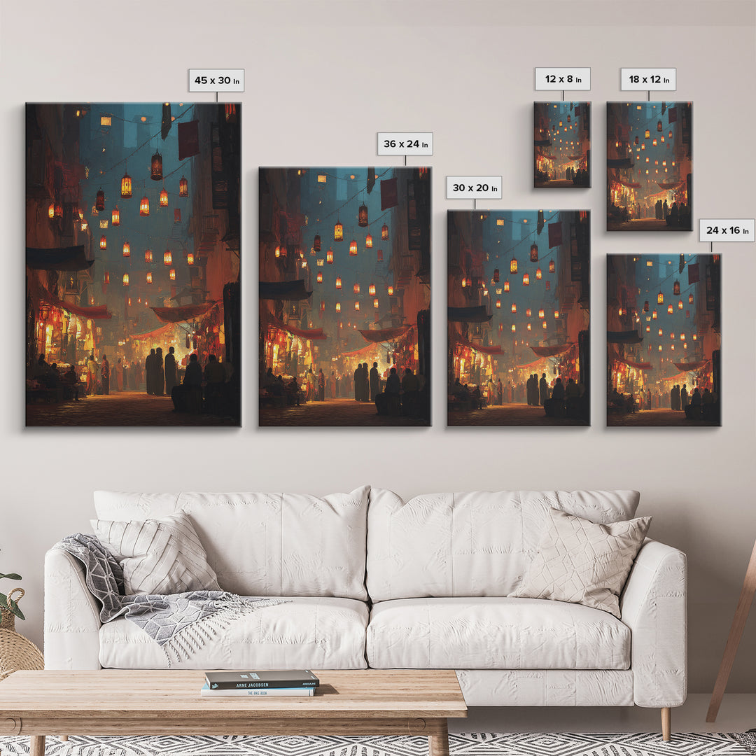Vibrant Night Market Scene Oil Painting Wall Art Canvas Print For Living Room Decor And Boho Home