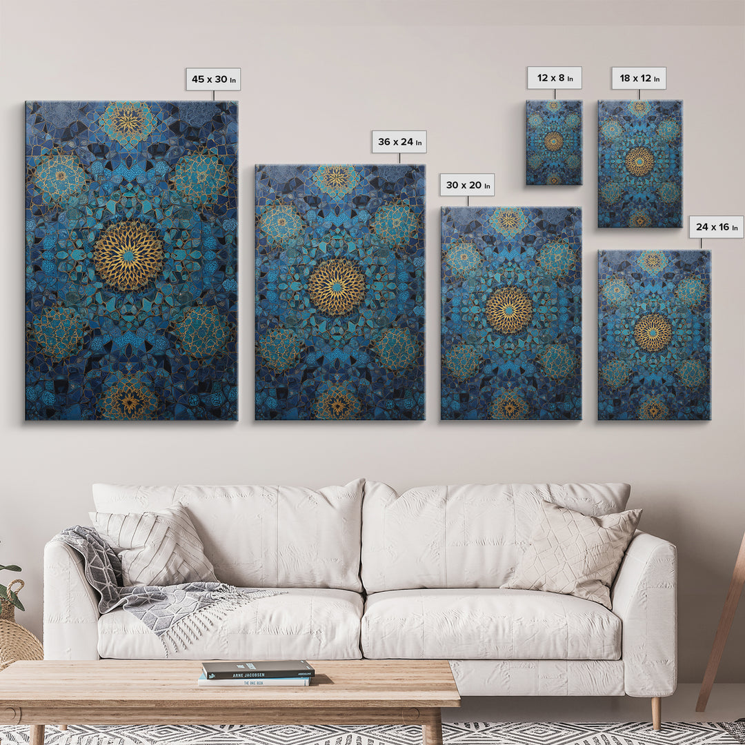 Intricate Blue And Gold Islamic Geometric Pattern Wall Art Framed Canvas Print For Modern Home Decor