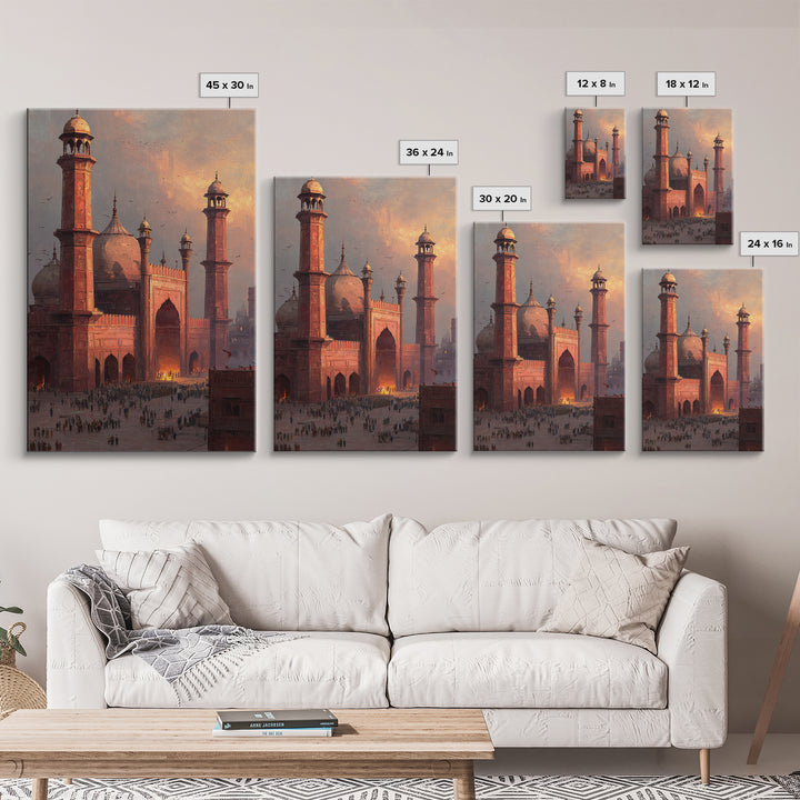 Historic Red Mosque Sunset Scene With Crowds And Birds Captured In Beautiful Oil Painting Wall Art