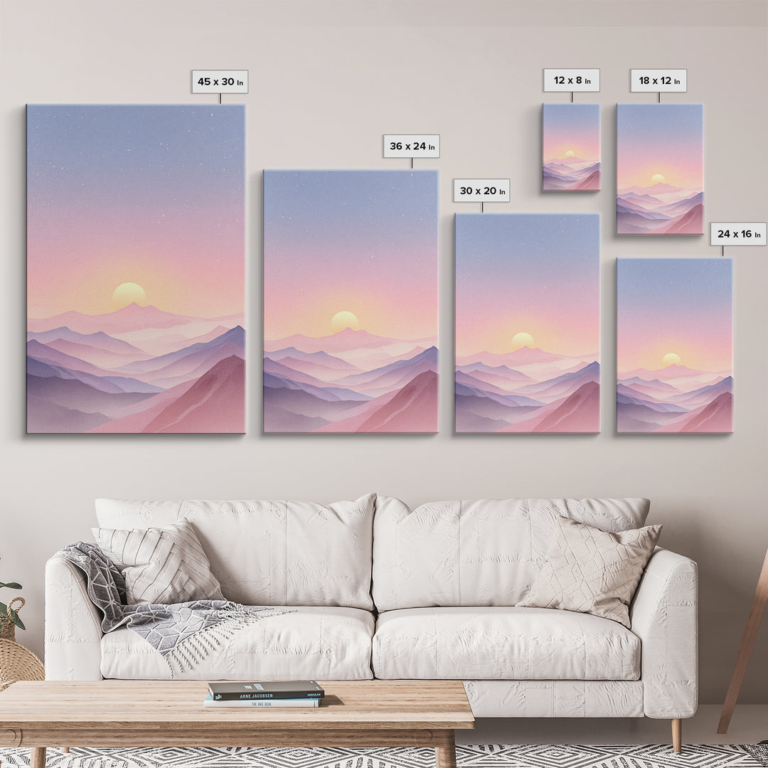 Pastel Mountain Sunrise Under Starry Sky Wall Art, Minimalist Landscape Print, Calming Bedroom Decor, Modern Home Decor, Gift