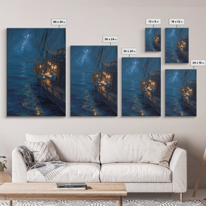 Sailors Reading By Lantern On Historic Ship Under Starry Night Sky Wall Art Framed Canvas Print For Nautical Home Decor