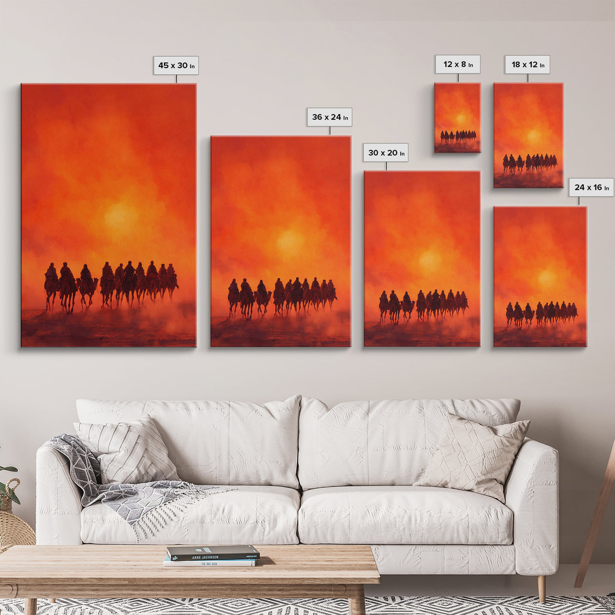 Silhouettes Of Travelers On Camels Against Vibrant Orange Sunset Desert Landscape Wall Art Canvas Print