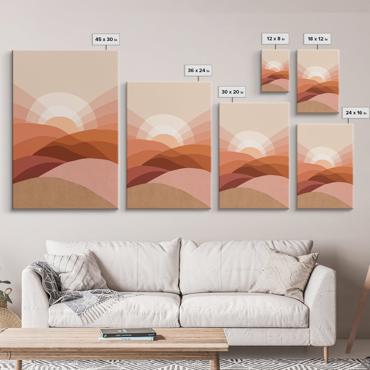 Terracotta Desert Sunrise Over Layered Hills Framed Canvas Print, Boho Wall Art, Earth Tone Decor, Large Abstract Landscape