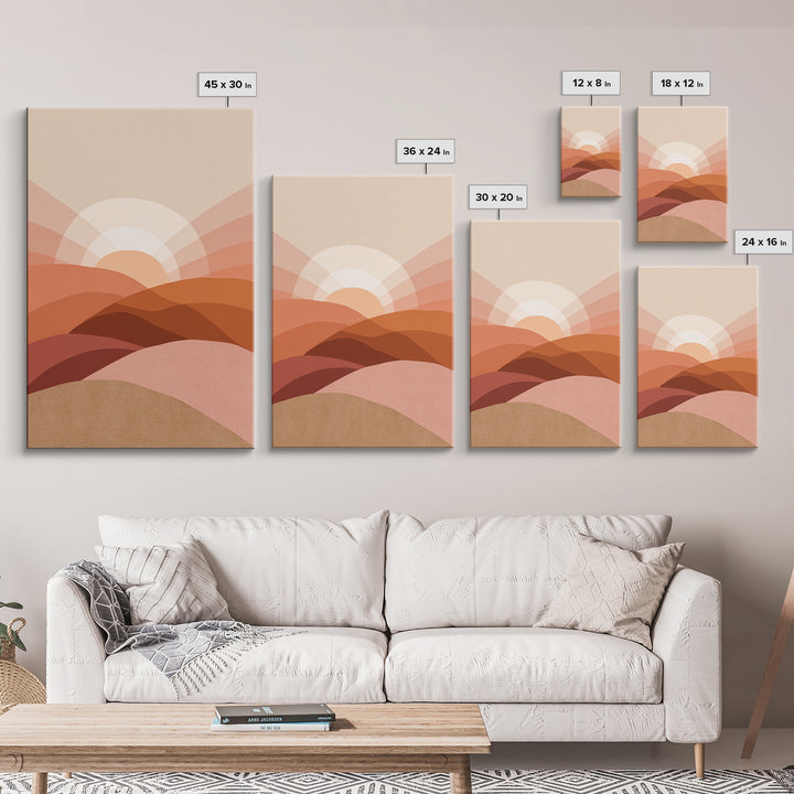 Terracotta Desert Sunrise Over Layered Hills Framed Canvas Print, Boho Wall Art, Earth Tone Decor, Large Abstract Landscape