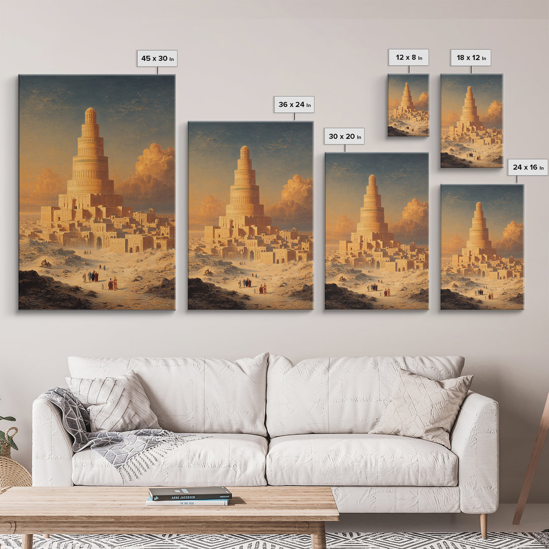 Majestic Ancient Tower With People And Sunset Sky Painting Wall Art Framed Canvas Print For Home Decor