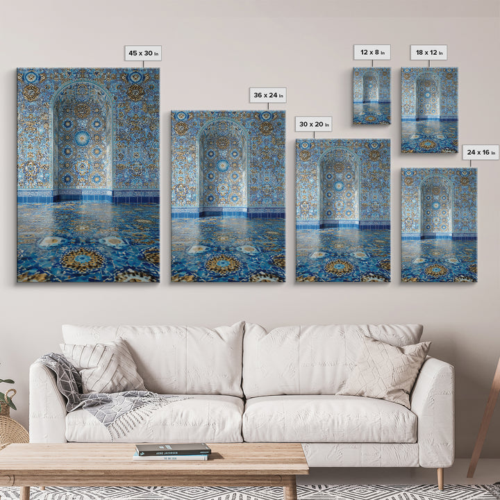 Intricate Islamic Tile Pattern Blue And Gold Wall Art Framed Canvas Print Featuring Elegant Cultural Home Decor Or Gift