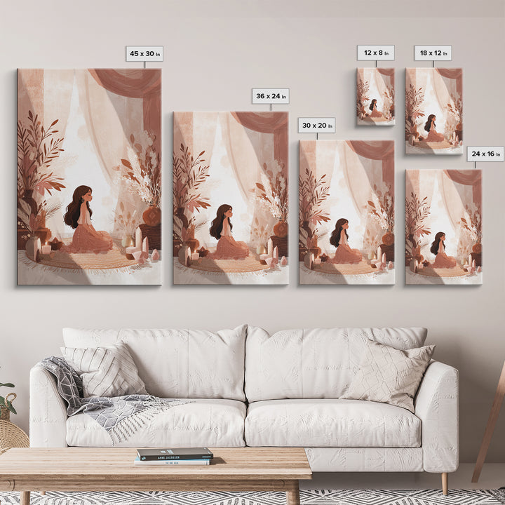 Boho Meditation Girl With Crystals And Pampas Framed Canvas Print, Yoga Studio Wall Art, Spiritual Decor, Boho Home Decor Gift