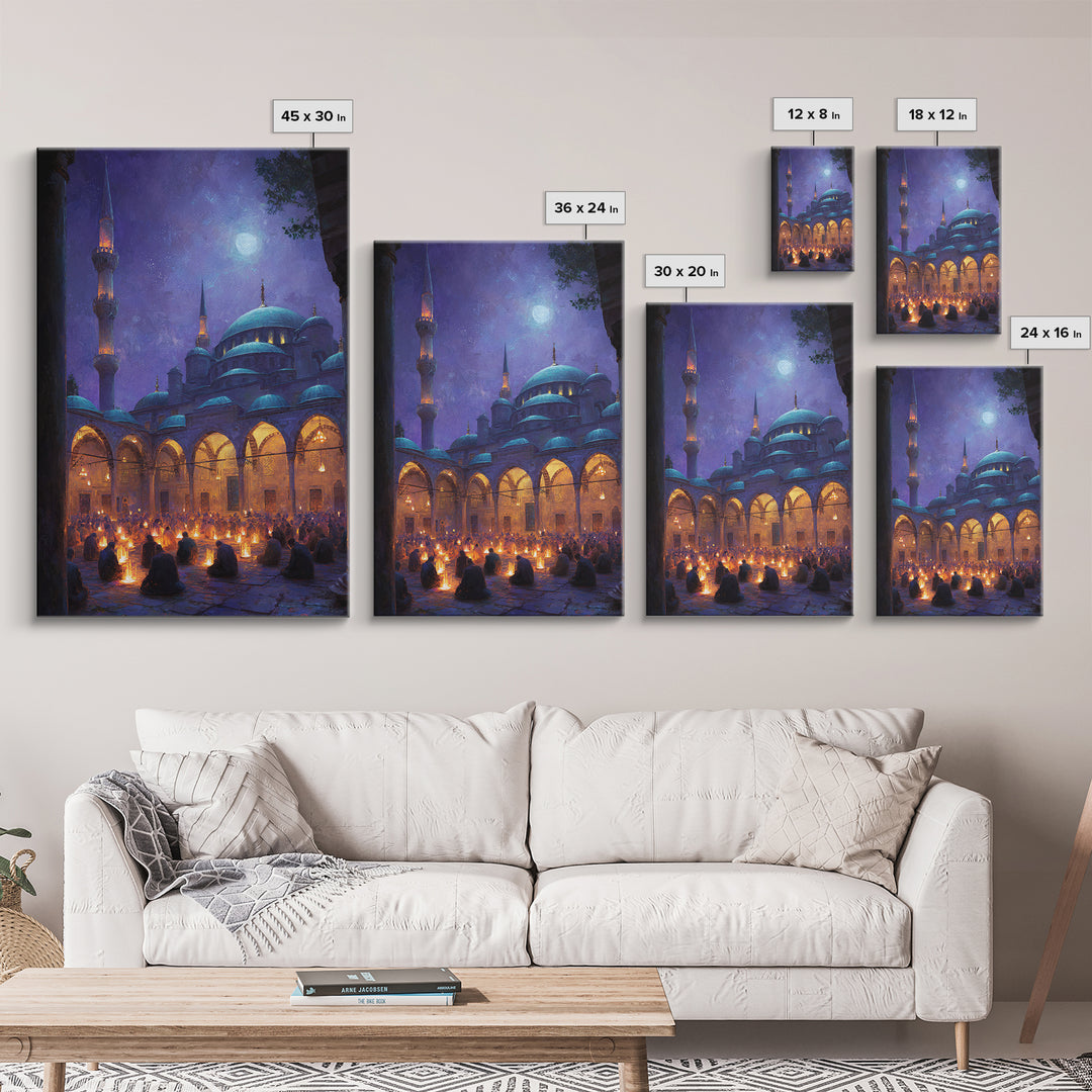Starry Night Prayer Scene With Glowing Lamps And Mesmerizing Night Sky In Traditional Islamic Architecture Wall Art