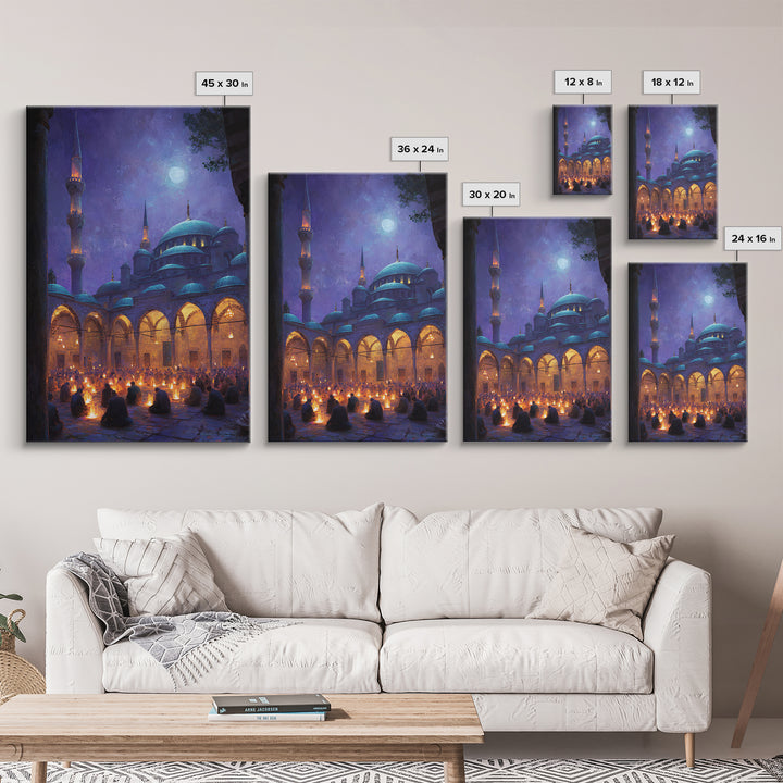 Starry Night Prayer Scene With Glowing Lamps And Mesmerizing Night Sky In Traditional Islamic Architecture Wall Art