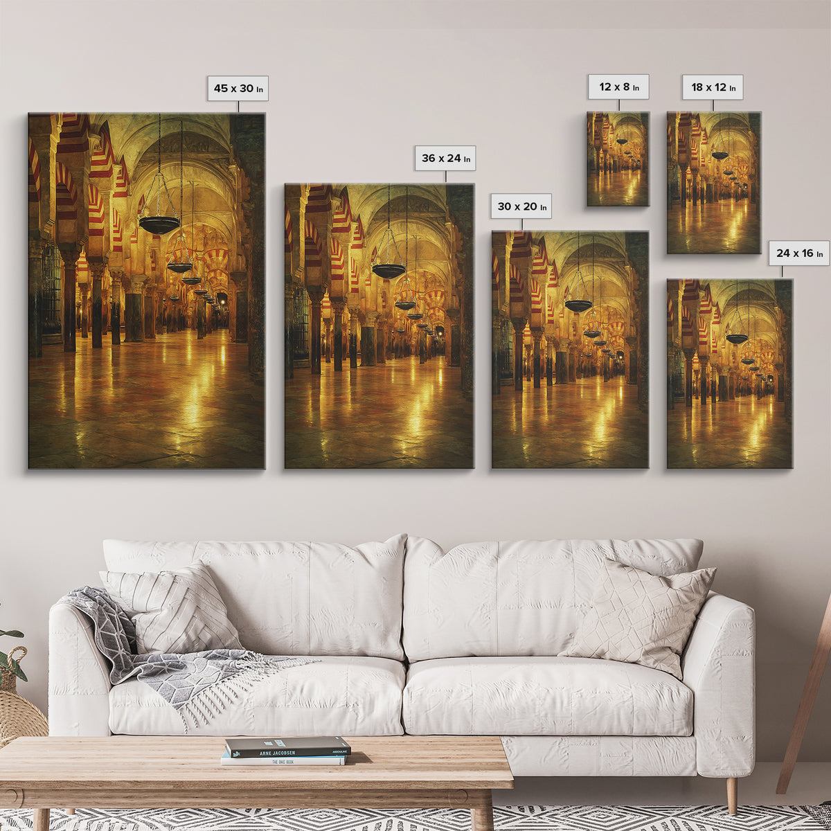 Golden Mosque Interior Glowing Warm Light Framed Canvas Islamic Wall Art Traditional Architecture Home Decor