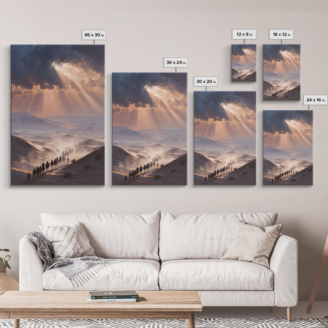 Desert Caravan Landscape Painting Dramatic Sunset Wall Art Framed Canvas Print For Southwest Home Decor Gift