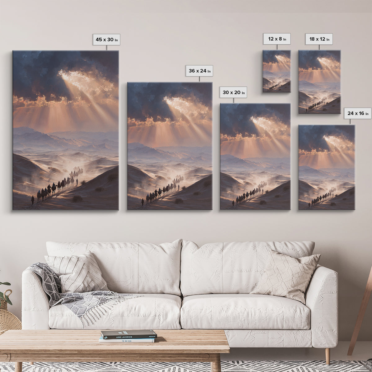Desert Caravan Landscape Painting Dramatic Sunset Wall Art Framed Canvas Print For Southwest Home Decor Gift