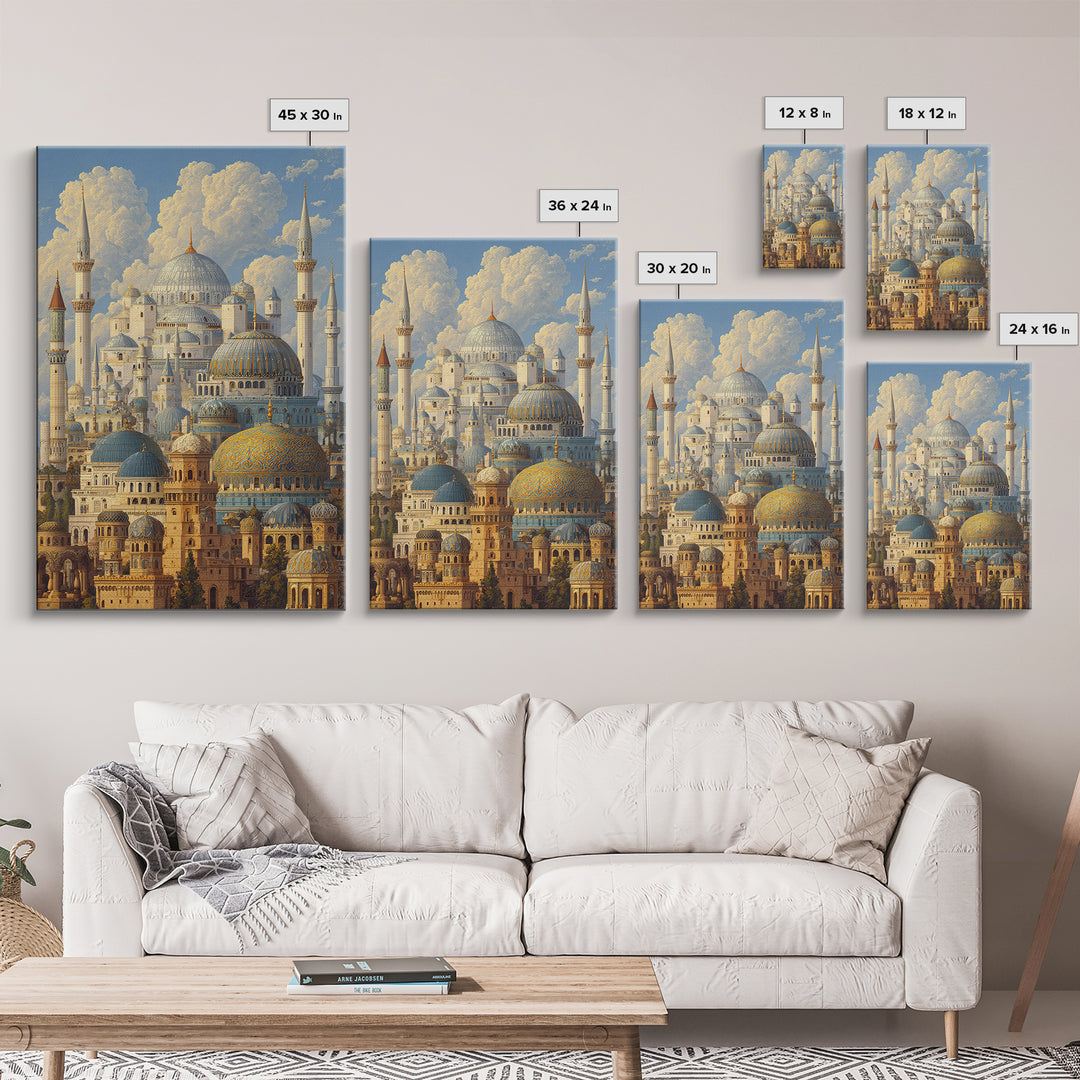 Detailed Ottoman Mosque Architecture With Puffy Clouds Original Landscape Oil Painting Wall Art For Home Or Office Decor