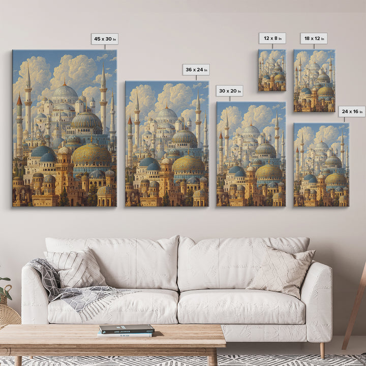 Detailed Ottoman Mosque Architecture With Puffy Clouds Original Landscape Oil Painting Wall Art For Home Or Office Decor