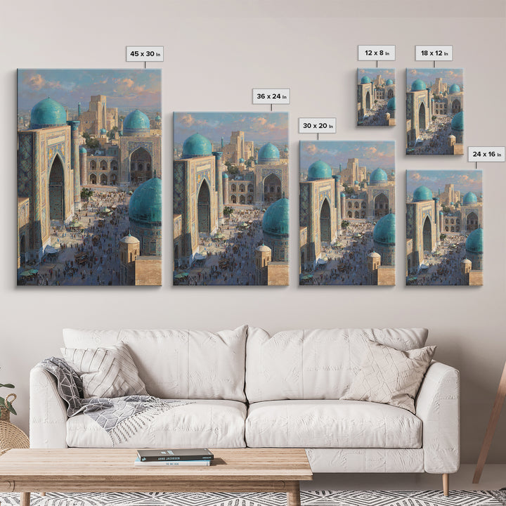Sunlit Oriental Market Street With Blue Domed Buildings Painting Wall Art Framed Canvas Print