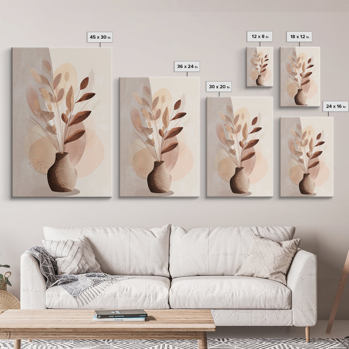 Neutral Botanical Vase With Soft Abstract Leaves Framed Canvas Print, Minimalist Wall Art, Japandi Decor, Modern Home Decor