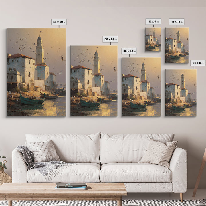 Quiet Coastal Town Harbor Scene With Boats And Warm Light Canvas Print Wall Art For Nautical Home Decor And Living Room Wall Art
