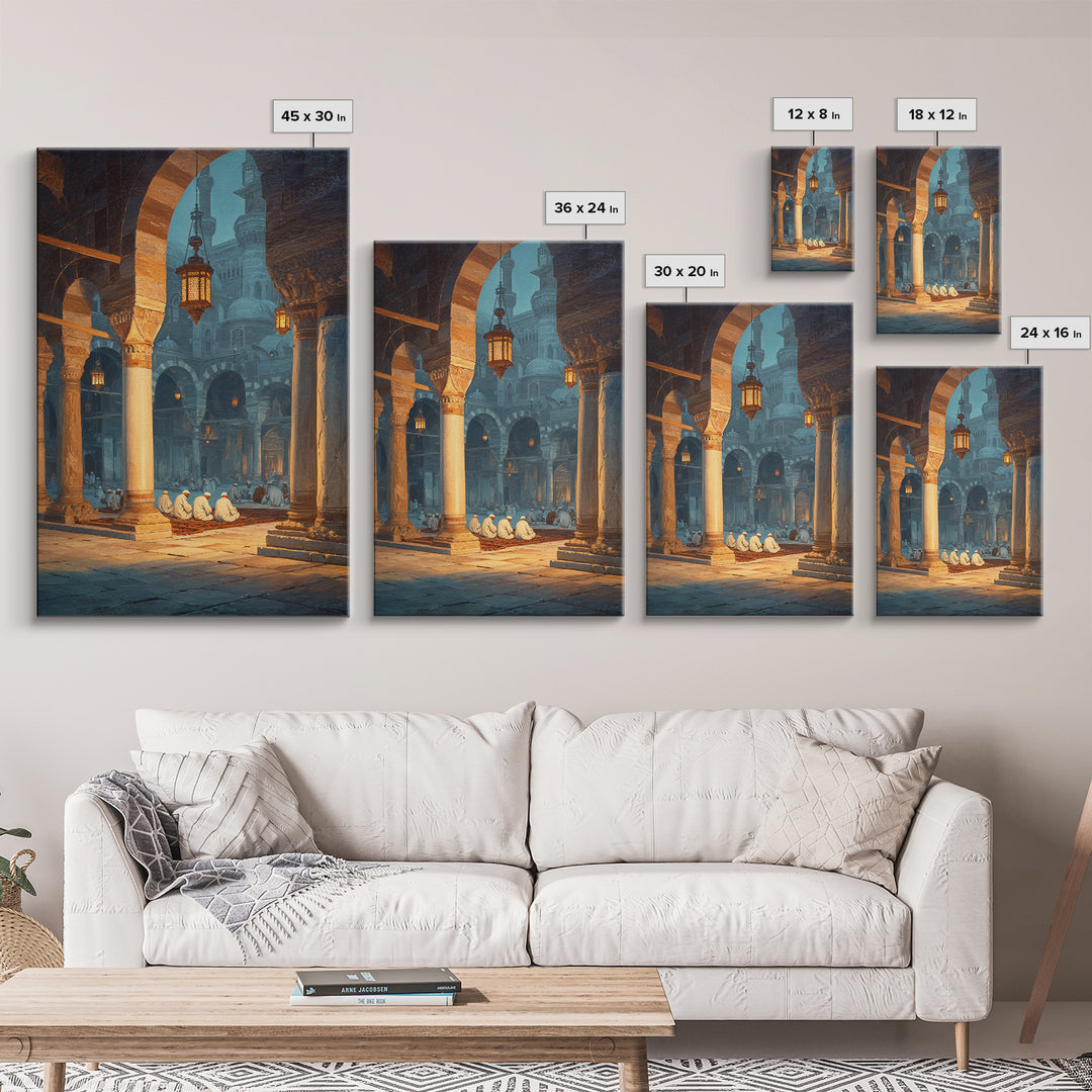 Ancient Mosque Interior With Worshippers And Pillars Framed Canvas Print Islamic Wall Art Modern Home Decor