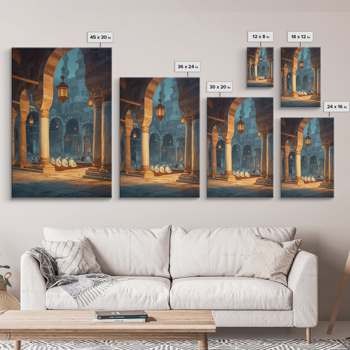 Ancient Mosque Interior With Worshippers And Pillars Framed Canvas Print Islamic Wall Art Modern Home Decor