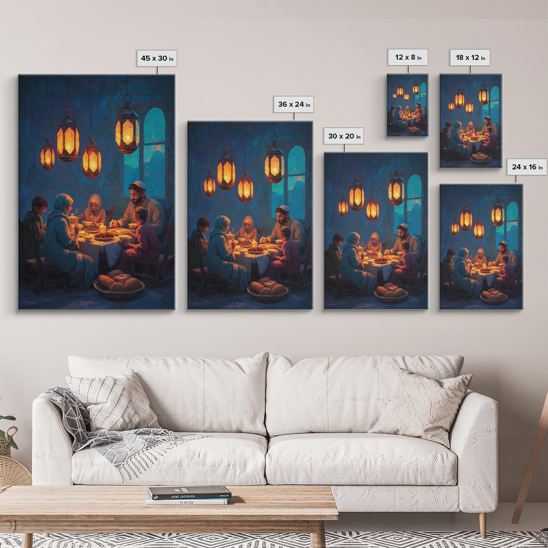 Warm Family Dinner Scene Oil Painting Inspired Wall Art Framed Canvas Print For Cozy Home Decor Gift For Loved Ones