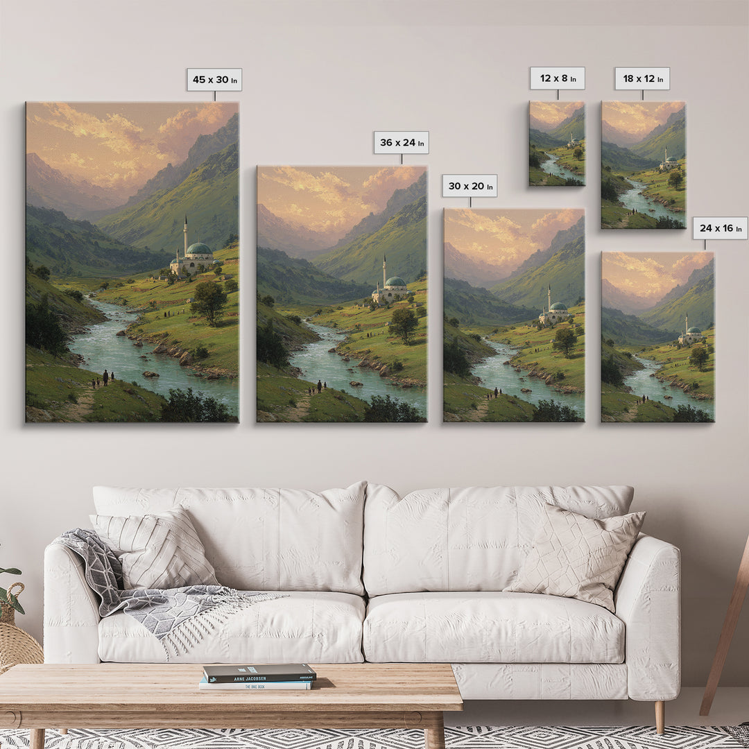 Peaceful Mountain Village With Flowing River Landscape Oil Painting Canvas Print For Nature Lovers And Tranquil Wall Decor